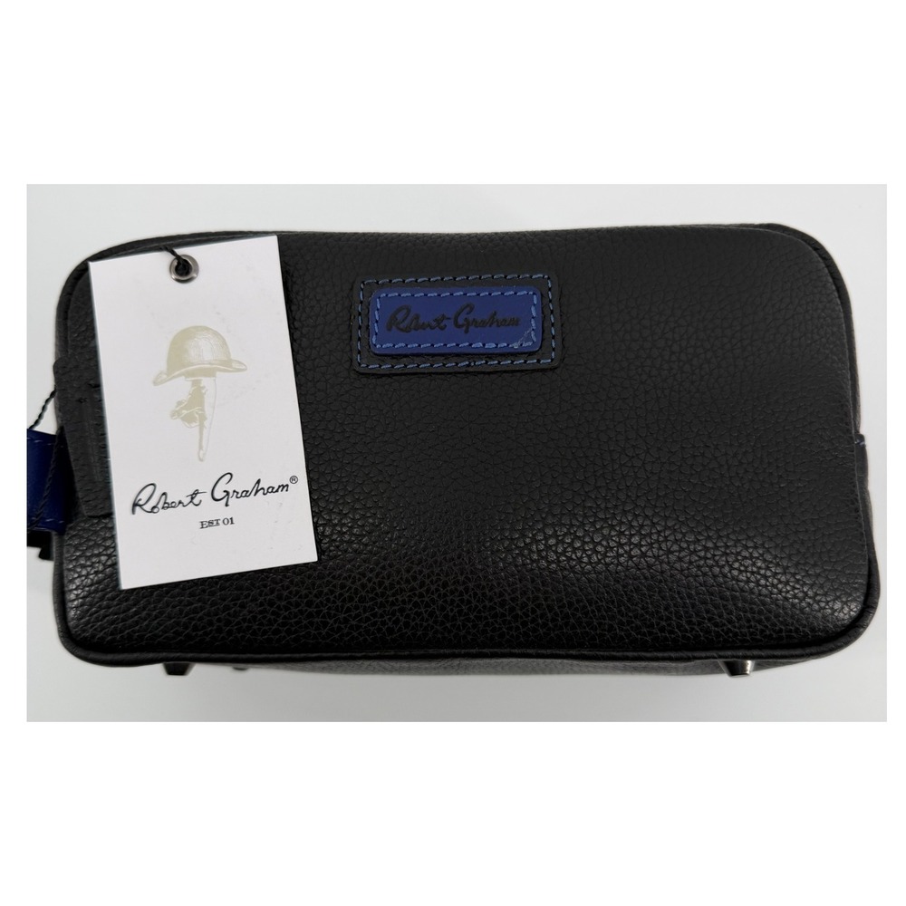 $128 NWT Robert Graham Genuine Leather Men's Remy IV Black Blue Toiletry Bag NWT